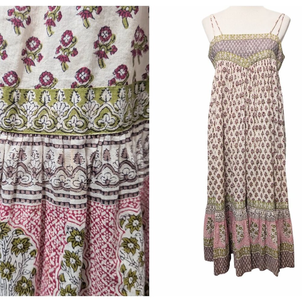 Anokhi Womens Size L Bohemian Printed Spaghetti Strap 100% Cotton Midi Sundress